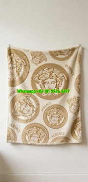 Versace Cream and Gold Medusa Head Print Flannel Throw Blanket IMG_1492
